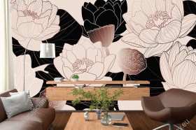 Wizualizacja tapety, nowoczesne kwiaty w kolorze jasnobeżowym i czarnym.