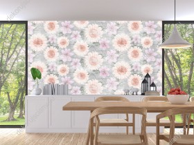 Wizualizacja tapety, malowane, pastelowe kwiaty vitange na szarym murze.