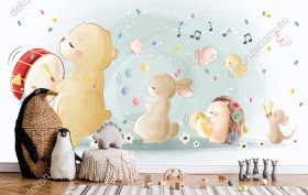 Wizualizacja tapety, wesołe zwierzęta grający na instrumentach w towarzystwie ptaszków i motyli.