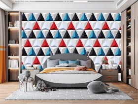 Wizualizacja tapety na ścianę do pokoju dziennego, biura, sypialni, salonu, przedpokoju. Tapeta w niebieskie, czarne, czerwone i szare trójkąty z efektem 3D.