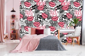 Wizualizacja tapety, czerwone usta, czarne wzory i napisy na białym tle.