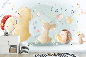 Wizualizacja tapety, wesołe zwierzęta grający na instrumentach w towarzystwie ptaszków i motyli.