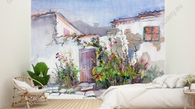 Wizualizacja fototapety z widokiem na stary, opuszczony budynek miejski, malowany farbami. Fototapeta do pokoju dziennego, młodzieżowego, sypialni, salonu, biura, gabinetu, przedpokoju i jadalni.