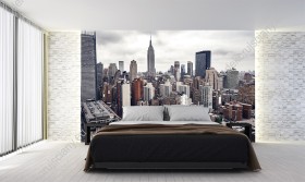 Wizualizacja fototapety z widokiem na wysokie wieżowce Nowego Yorku w USA. Fototapeta do pokoju dziennego, młodzieżowego, sypialni, salonu, biura, gabinetu, przedpokoju i jadalni.