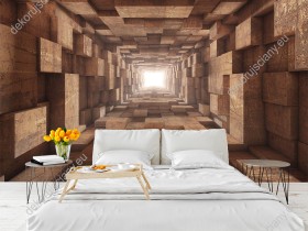 Wizualizacja fototapety przedstawia drewniany korytarz, który tworzy efekt 3D i optycznie powiększy pomieszczenie. Fototapeta do pokoju dziennego, młodzieżowego, sypialni, salonu, biura, gabinetu, przedpokoju i jadalni.
