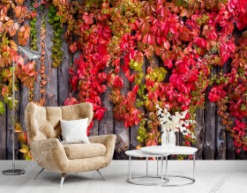 Wizualizacja fototapety z widokiem na drewnianą ścianę pokrytą czerwonymi liśćmi bluszczu. Fototapeta do pokoju dziennego, sypialni, salonu, biura, gabinetu, przedpokoju i jadalni.