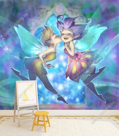 Wizualizacja fototapety, dwie wróżki latające na magicznym tle w fioletowozielonych barwach. Fototapeta do pokoju dziecięcego.