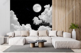 Wizualizacja fototapety do pokoju dziennego, młodzieżowego, sypialni, salonu, biura. Fototapeta przedstawia jaśniejący księżyc w pełni i chmury, na tle ciemnego, rozgwieżdżonego, nocnego nieba.