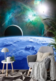 Wizualizacja fototapety z widokiem na wschód słońca nad horyzontem nieznanej planety. Fototapeta do pokoju dziennego, młodzieżowego, salonu, biura, gabinetu, sypialni, przedpokoju i jadalni.